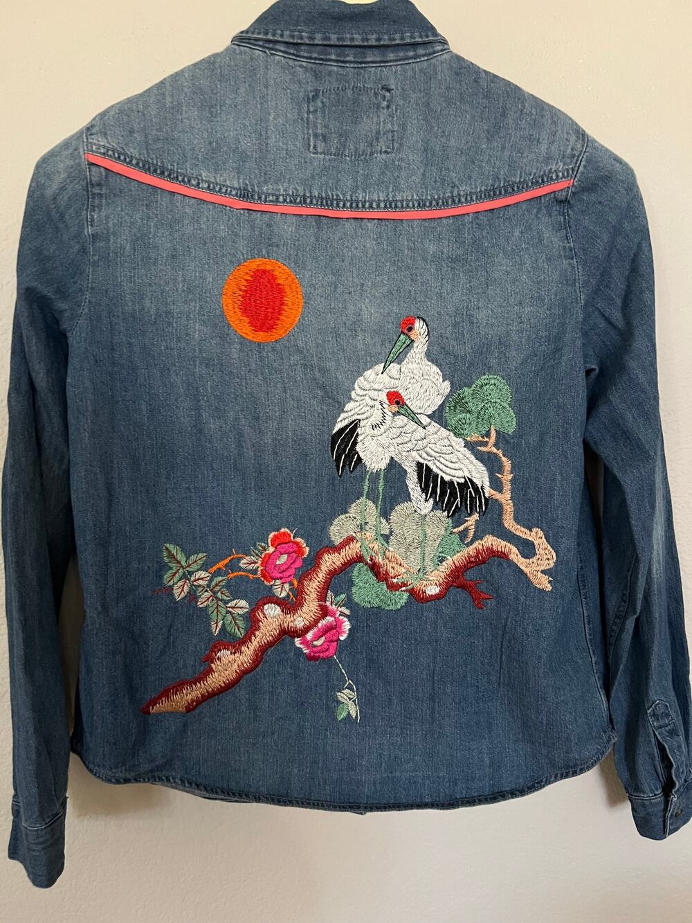 Anthropologie Holding Horses Blue Denim Buttondown Embroidered Cranes Size XS